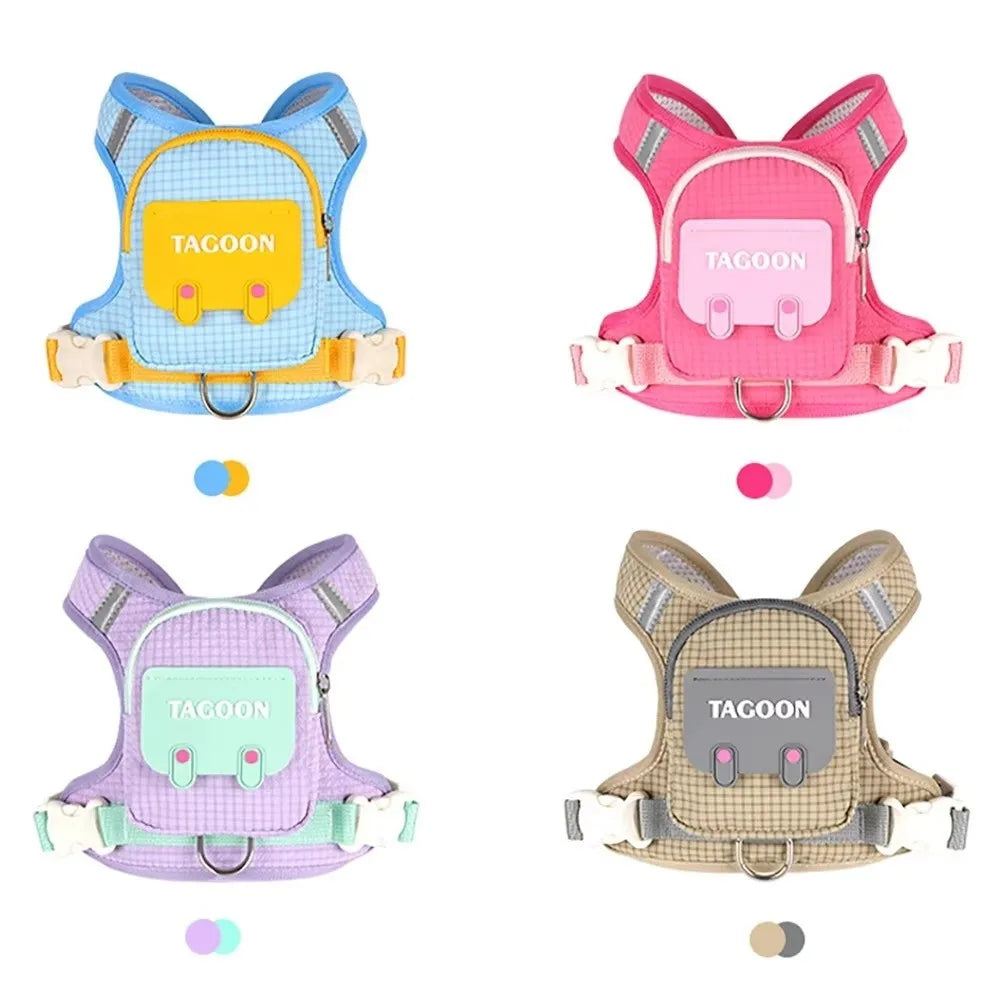Adjustable Dog Backpack Harness with Reflective Strip Plaid Outdoor Self-Carrying Bag Breathable Pet Walking Harness