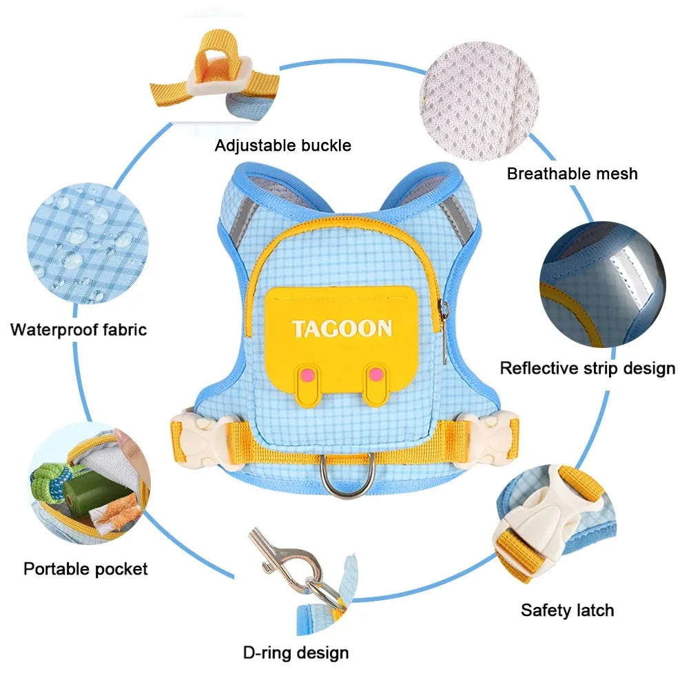 Adjustable Dog Backpack Harness with Reflective Strip Plaid Outdoor Self-Carrying Bag Breathable Pet Walking Harness